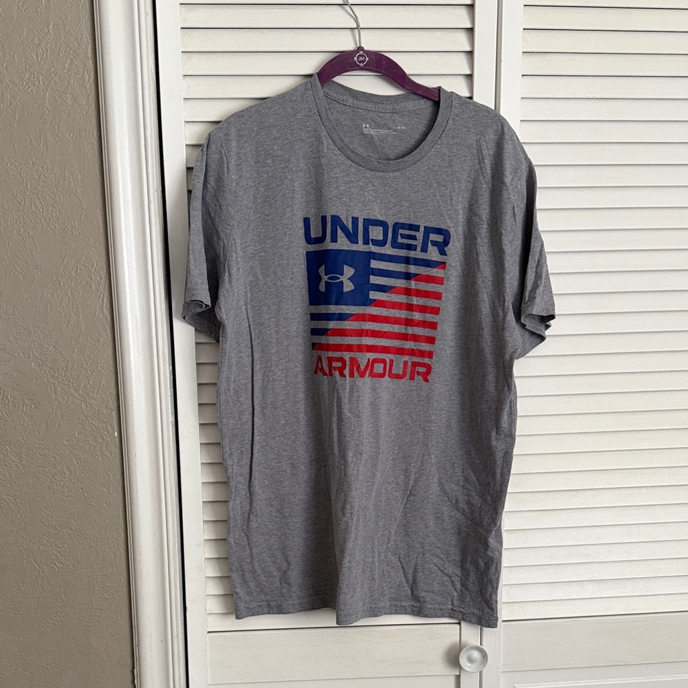 Under Armour Gray Tee with Red and Blue Graphic